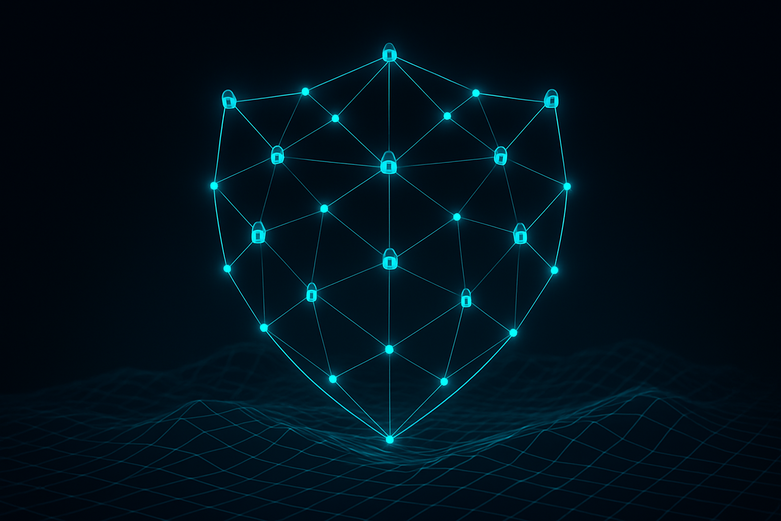 ArcGIS Enterprise security perimeter — token-based access control and audit logging visualized as a secure cyan lattice