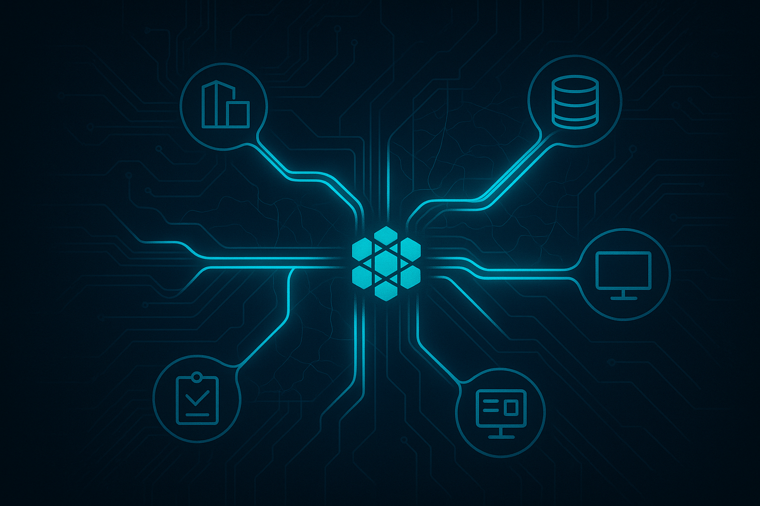 Enterprise integration diagram — ArcGIS Enterprise core connected to permit systems, utility databases, field inspection apps, and public portals via glowing cyan data pipelines on a dark navy background