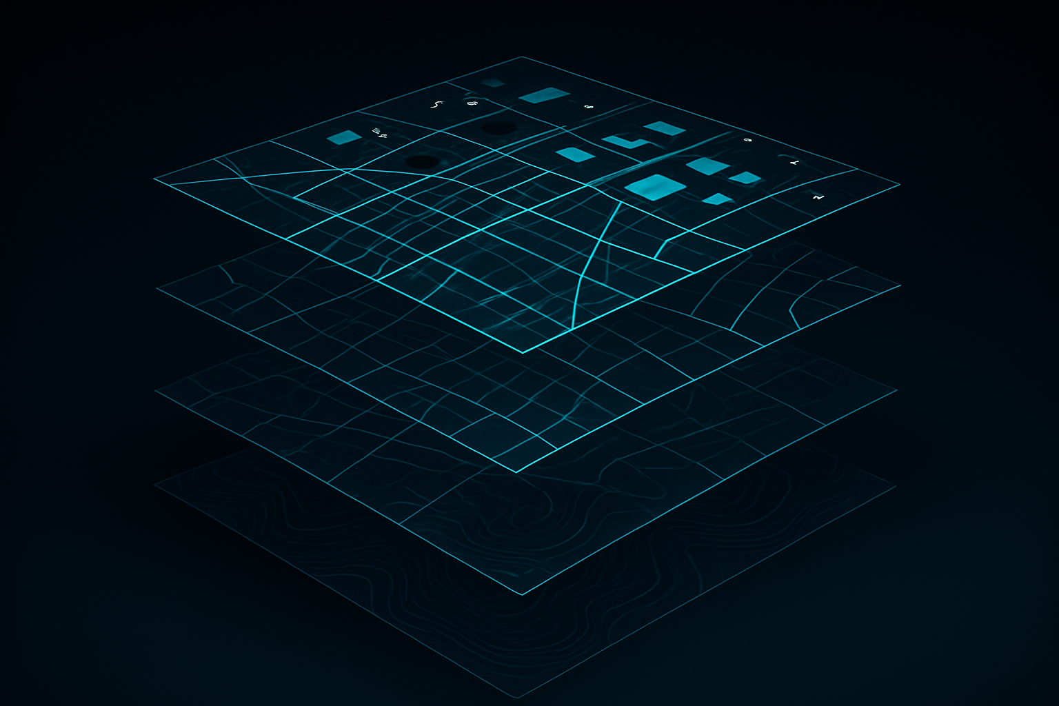 Municipal GIS layer stack — parcel, road, utility, and building layers visualized as semi-transparent glowing planes on a deep navy background