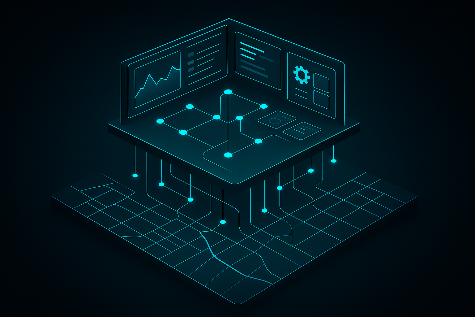 A layered custom software stack — a foundation of geographic data geometry, a middle layer of API connections, and a top layer of interface modules wired together with glowing cyan threads on a dark navy background