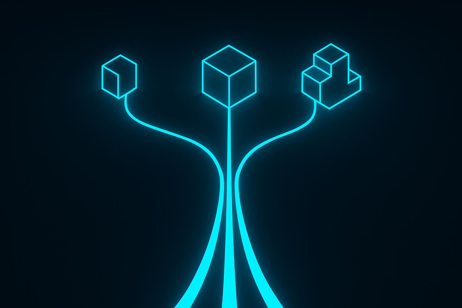 A single glowing cyan path forking into three diverging routes that lead to destinations of increasing complexity, on a deep navy background — representing the choice of ArcGIS build tier