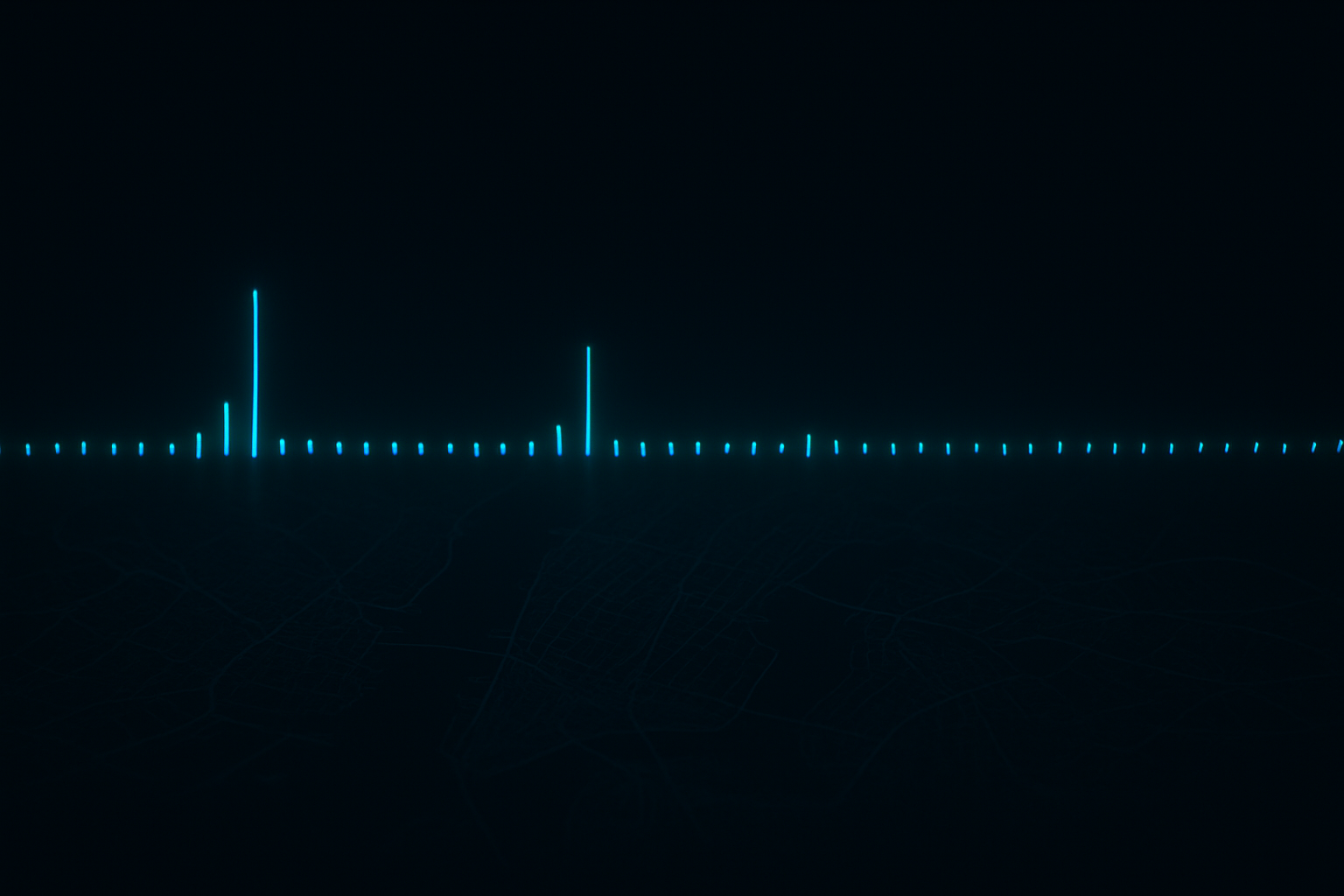 Audit log timeline — a horizontal stream of glowing cyan tick marks representing per-request access events flowing across a faint silhouette of a city map on a deep navy background