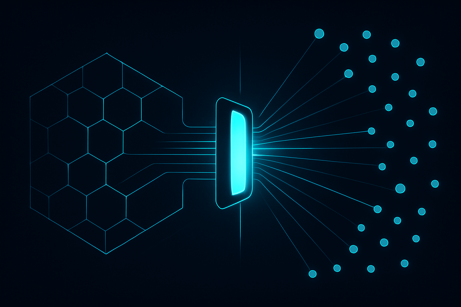 Open data governance gateway — internal hexagonal data hub on the left, controlled cyan checkpoint in the middle, and a wide field of external consumer nodes on the right, with thin glowing pipelines flowing through the gateway on a deep navy background