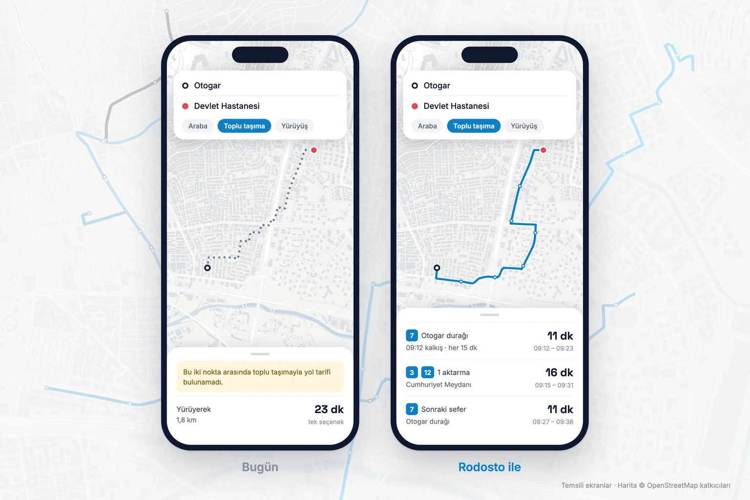 Aynı iki nokta arasında Google Haritalar toplu taşıma yol tarifi: solda otobüs verisi olmayan bir şehir, sağda hatları yayınlanmış bir şehir