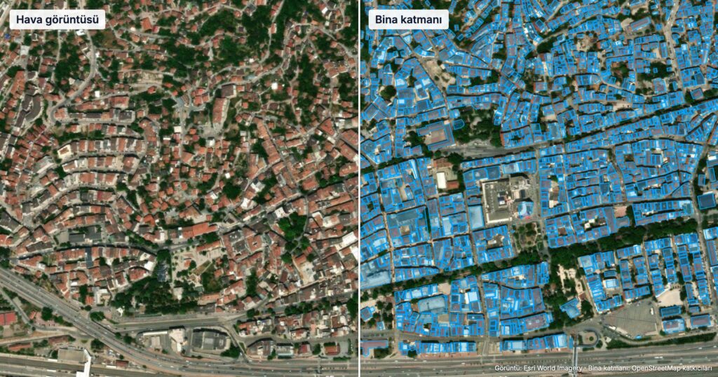 Solda İzmit merkezin hava görüntüsü, sağda aynı alanın bina katmanı